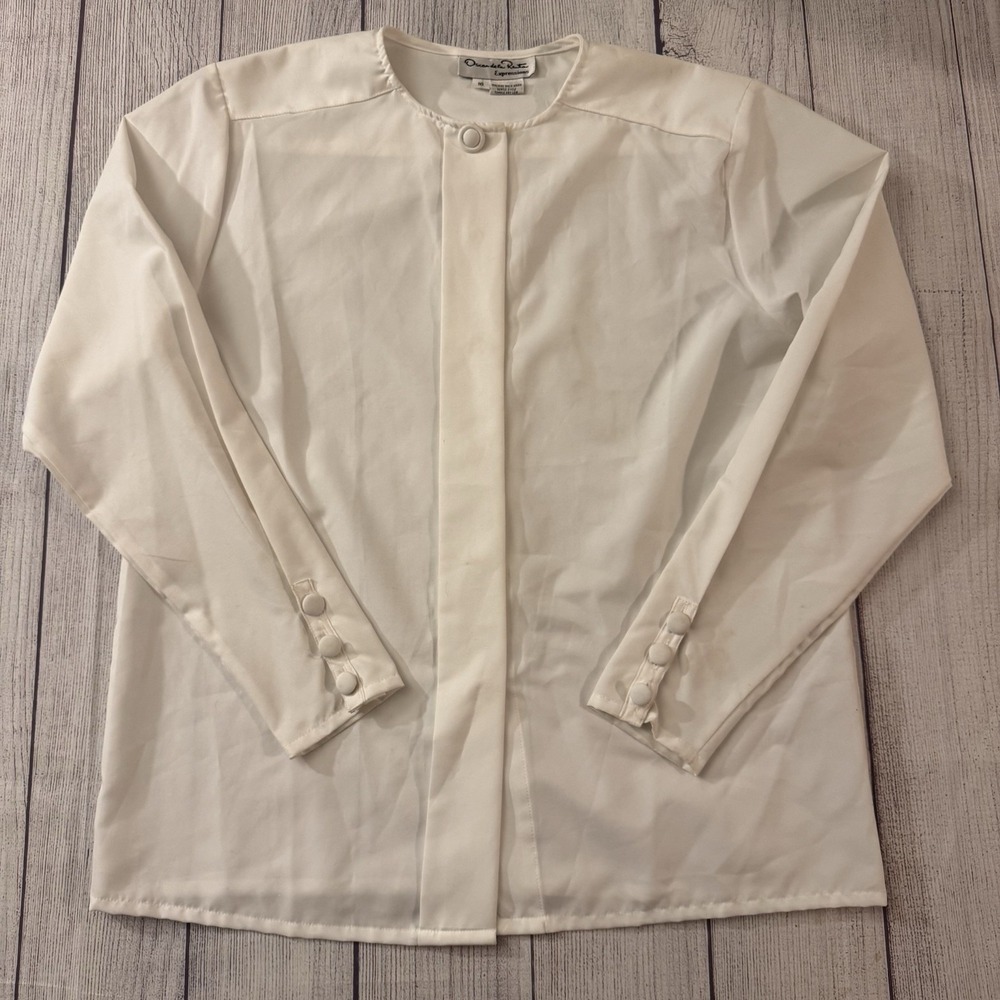 Oscar de la Renta Expressions Womens 10 Ivory Blouse Hidden Button Long Sleeve